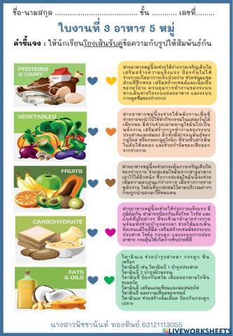 ใบงานที่ 3 อาหาร 5 หมู่ แบบโยงเส้นจับคู่