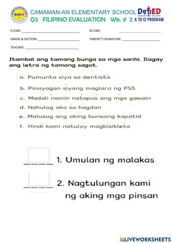 Q3 week 2 filipino evaluation sheet