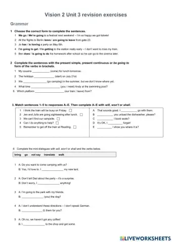 Vision 2 Unit 3 revision exercises