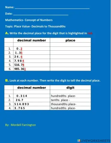 Decimal Place Value to Thousandths