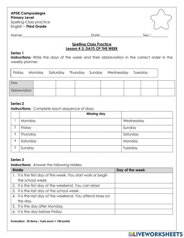 Class Practice - Days of the Week