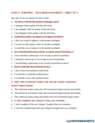 Unit 4 - Writing - Teacher's handout - Điện Tử 4