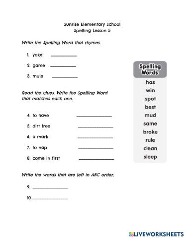 Spelling Lesson 5- Grade 2