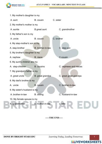 (CLC) Family. Vocabulary. Mini test in class