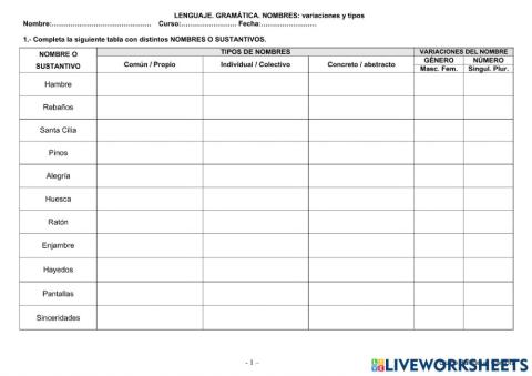 Nombres: tipos y variaciones