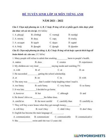 Đề thi tuyển sinh vào lớp 10