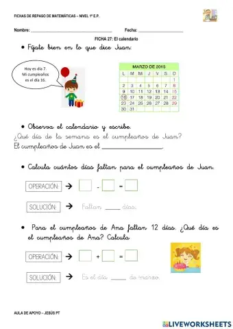 Ficha Matemáticas 27-1EP-Calendario