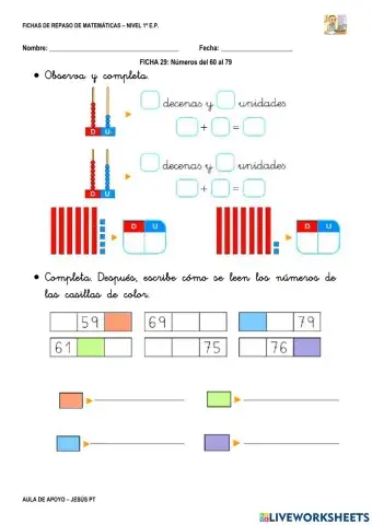 Ficha Matemáticas 29-1EP-Números entre 60 y 79