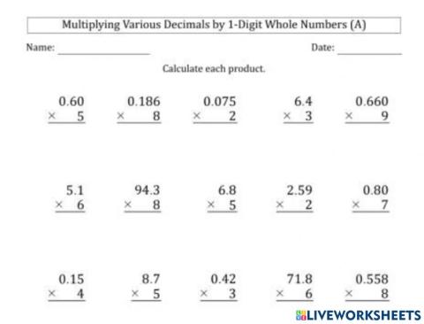 Multiplying Decimals by Whole Number