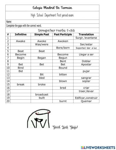 Irregular verbs exam 1-20