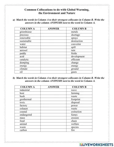 Common collocations related with Global Warming, the Environment, Nature