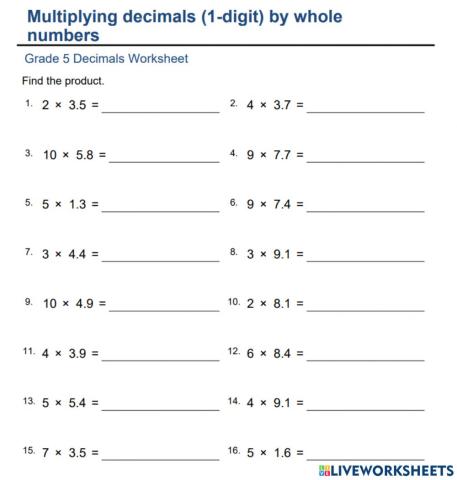 Multiplying Decimals by Whole Number