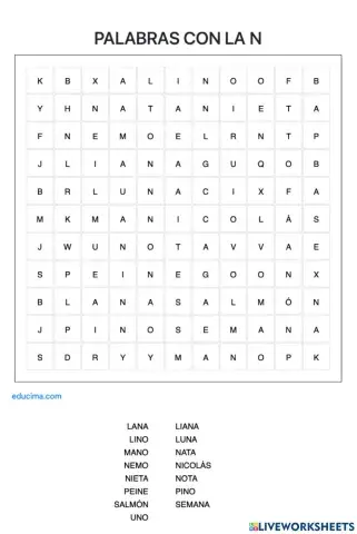 Sopa de letras palabras con la n