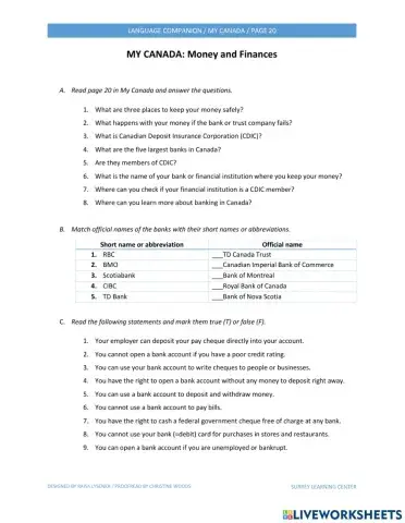 Language Companion Worksheet - Money and Finances
