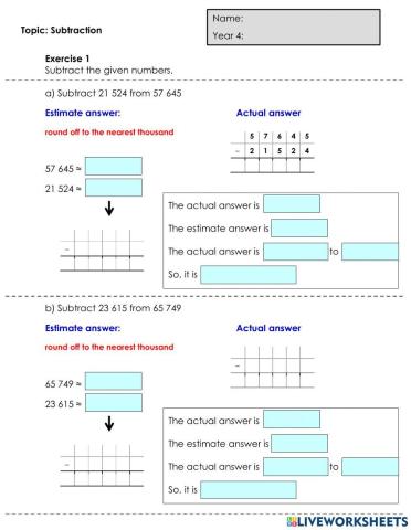Numbers up to 100 000 (Subtraction: estimate & actual)