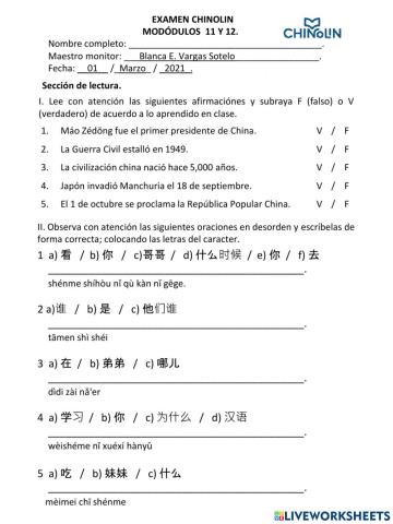 EXAMEN - CHINO MODULO 11 - 12