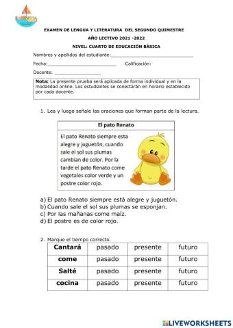 Lengua y Literatura Examen 2do Quimestre