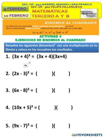 Binomios al cuadrado