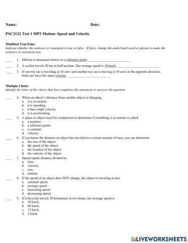 Motion Test Speed and Velocity