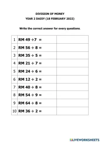 DIVISION OF MONEY YEAR 2