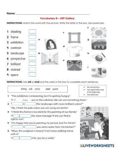 Vocabulary about art and Shall, Will