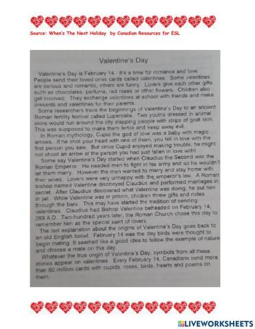 Valentine's Day Reading Comprehension