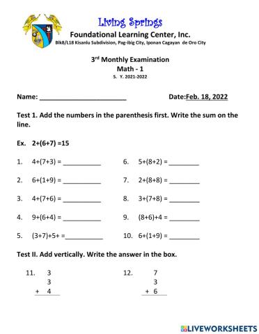 3rd Monthly Examination - Math
