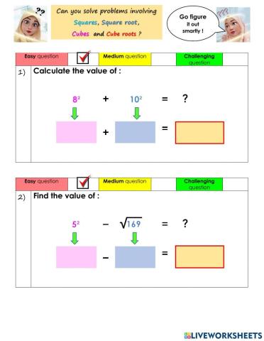 Squares, Square Root, Cubes and Cube Roots