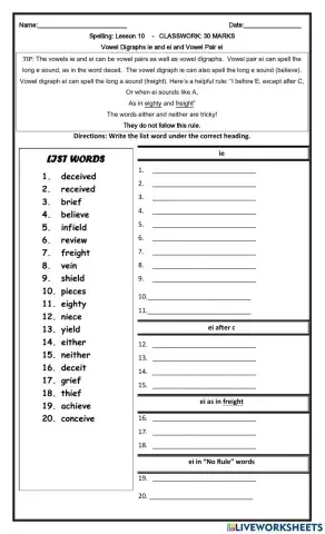 Vowel Digraph ie and ei and Vowel Pair ei