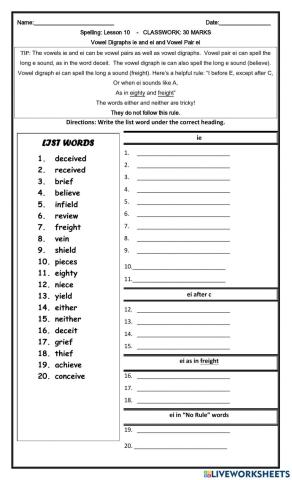 Vowel Digraph ie and ei and Vowel Pair ei