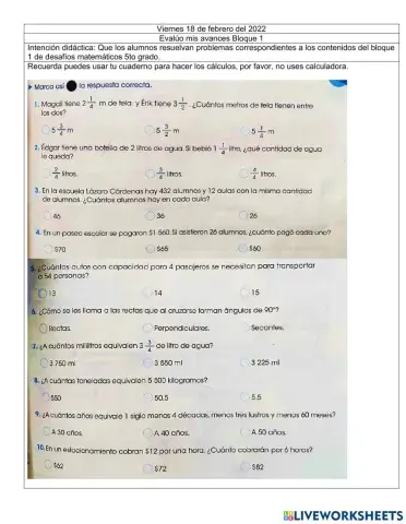 Evaluación Bloque 1 matemáticas 5to grado