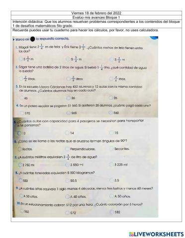 Evaluación Bloque 1 matemáticas 5to grado