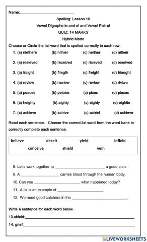 Vowel Digraphs ie and ei and Vowel Pair ei