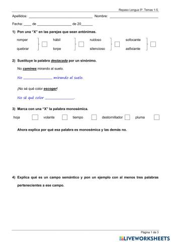 Repaso Primer Trimestre Lengua  5º Primaria