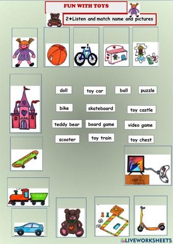 Fun whit toys - Drag the names and drop them on the pictures.