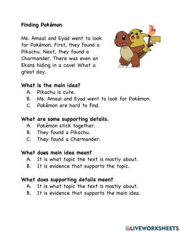 Main Idea and Details: Finding Pokemon