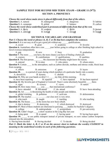 Sample test for SECOND MID TERM  EXAM – grade 11 (NO2)