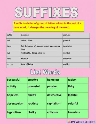 Suffixes ful, ism, ive, less, y, ty