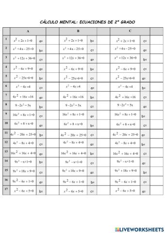 Cálculo mental: ecuacións de 2º grao