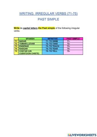 14- IRREGULAR VERBS. PAST SIMPLE. 71-75. WRITING.