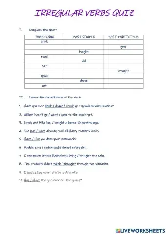Irregular verbs quiz