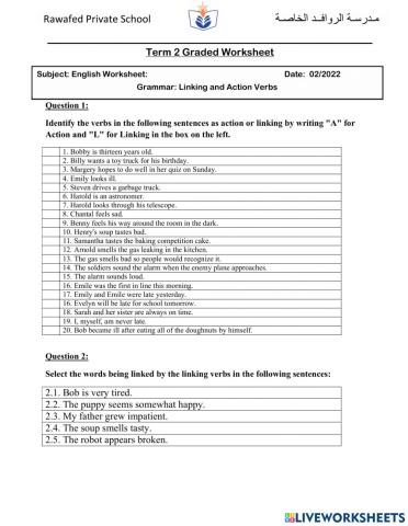 Linking and Action Verbs Exercise