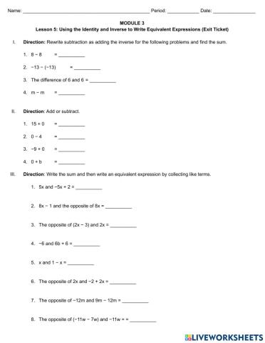 Module 3 Lesson 5: Using the Identity and Inverse to Write Equivalent Expressions
