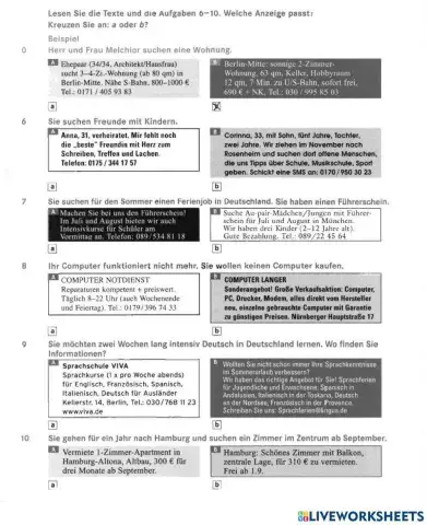 A1 Übungstest altes Buch Lesen Teil 2