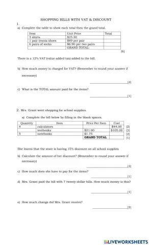 Shopping Bill with VAT & Discount