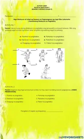 Mga Direksyon at Lebel ng Espasyo sa Pagsasagawa ng mga Kilos Lokomotor ( Karaniwang Direksyon sa Pagtakbo)