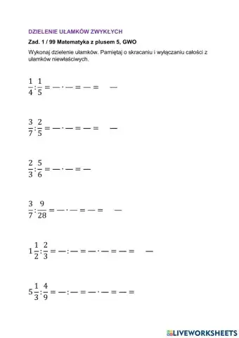 Dzielenie ułamków zwykłych kl.5