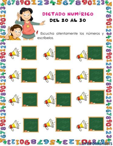 Dictado numérico del 20 al 30