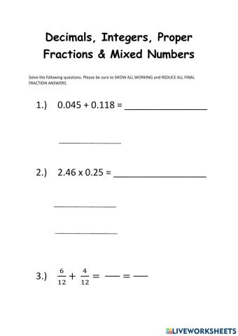 Decimals, Integers, Proper Fractions & Mixed Numbers