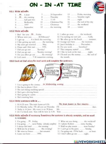 On in at  time prepositions